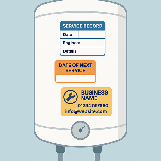 Illustration of a white boiler with three plumber service stickers applied: a blue service record label, an orange next service reminder, and a yellow business details sticker with contact information.