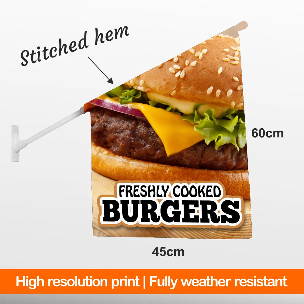Burger wall flag with dimensions and text on a white background