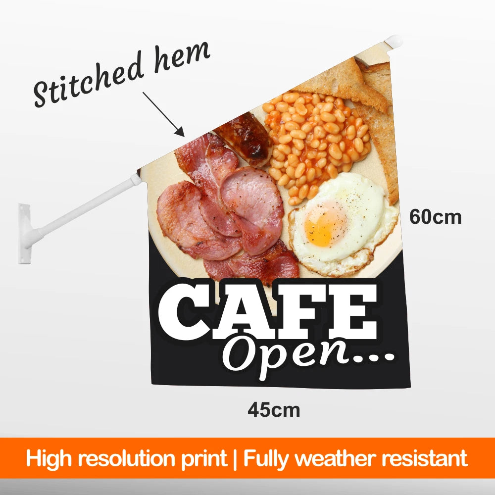 Wall Flag with breakfast image and text 'CAFE Open...' on a white background