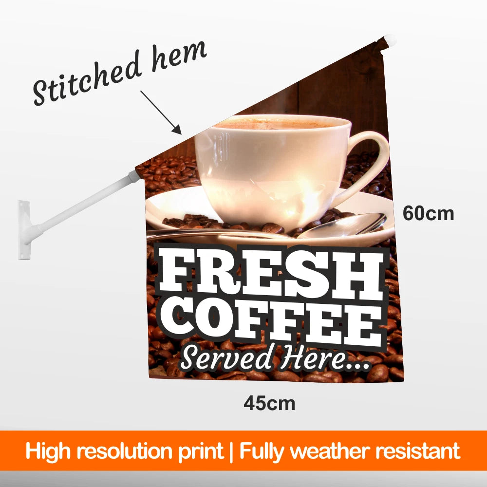 Fabric banner flag with a coffee cup design and text 'Fresh Coffee Served Here' on a white background.