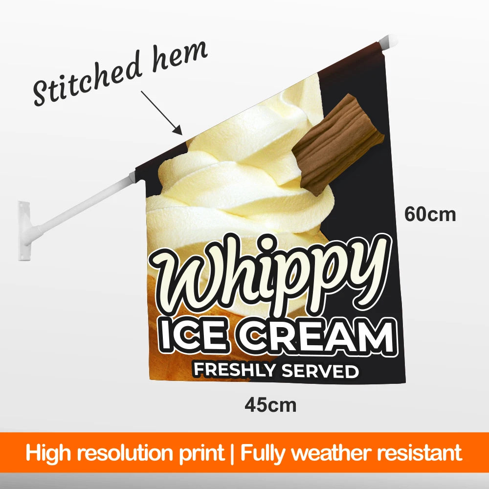 Shop Wall Flag with 'Whippy Ice Cream Freshly Served' design, showing dimensions and weather resistance text.
