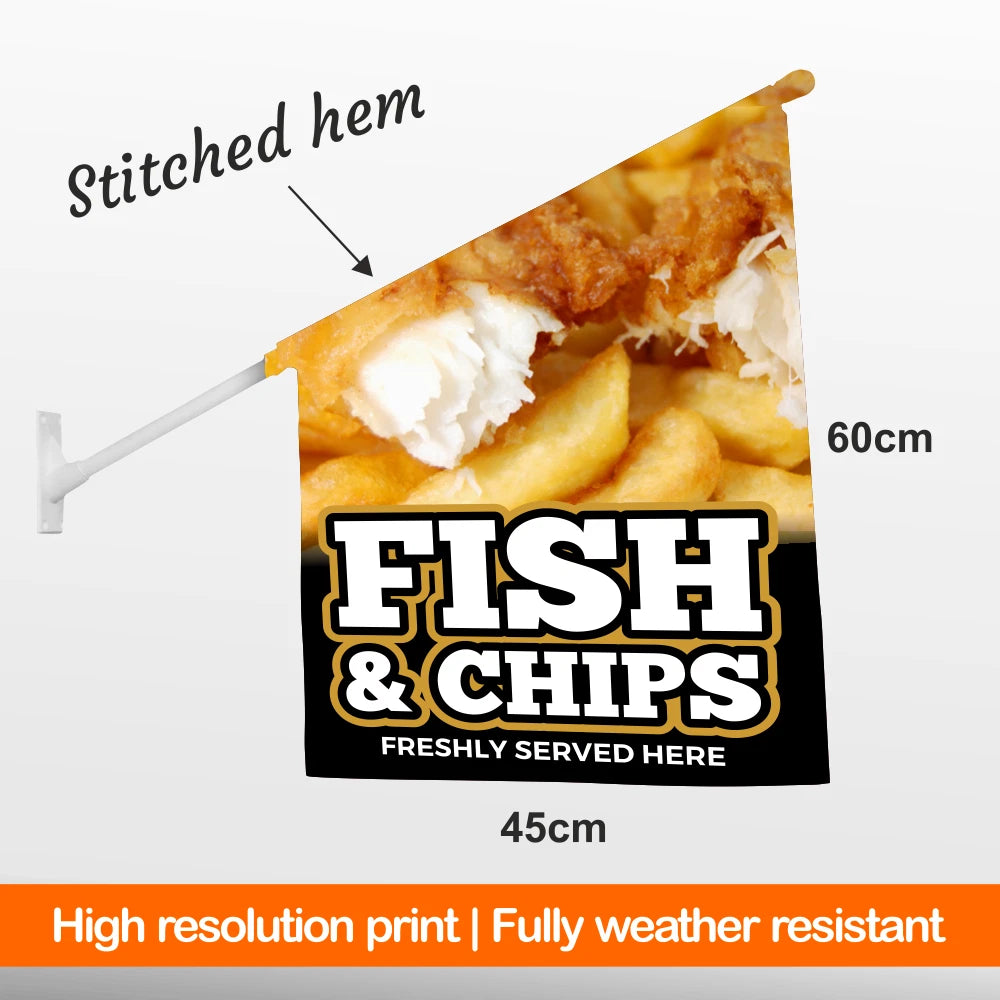 Fish and chips flag with dimensions and text on a white background