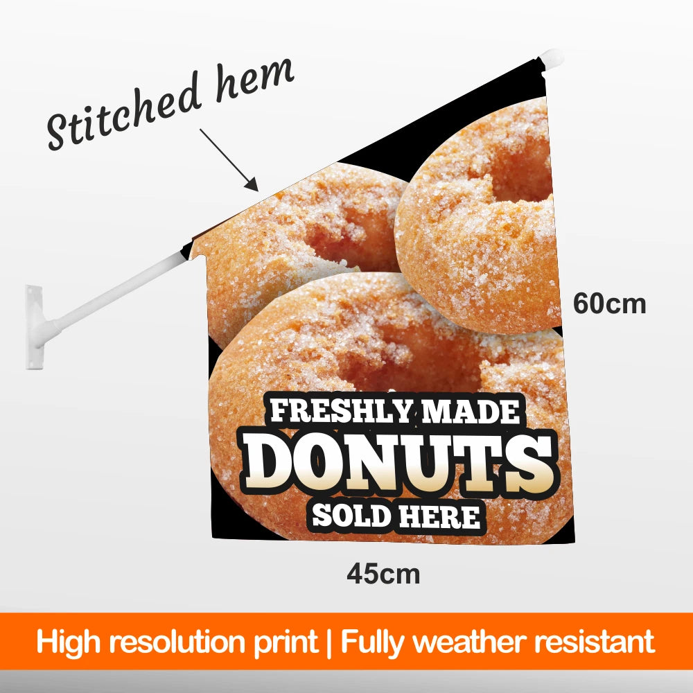 Donuts wall flag sign with dimensions and text on a white background