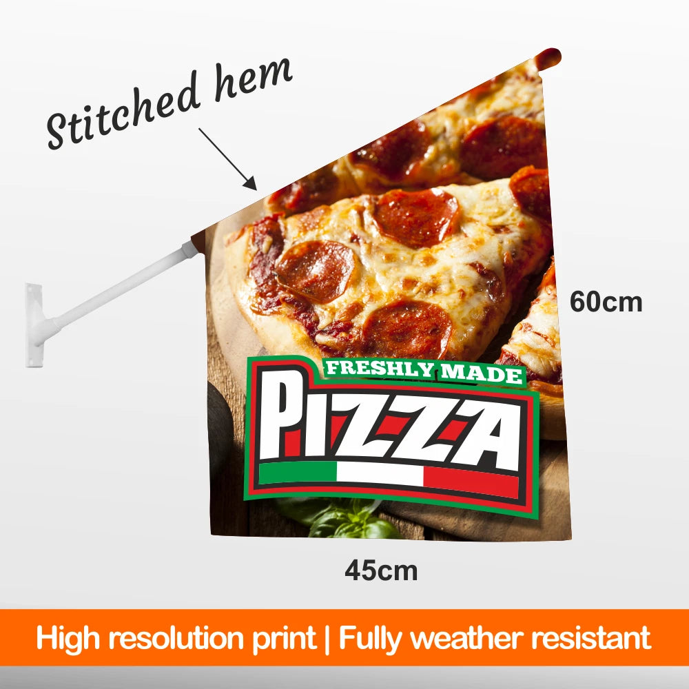 Pizza-themed wall flag with 'Freshly Made Pizza' logo, dimensions, and weather resistance text.