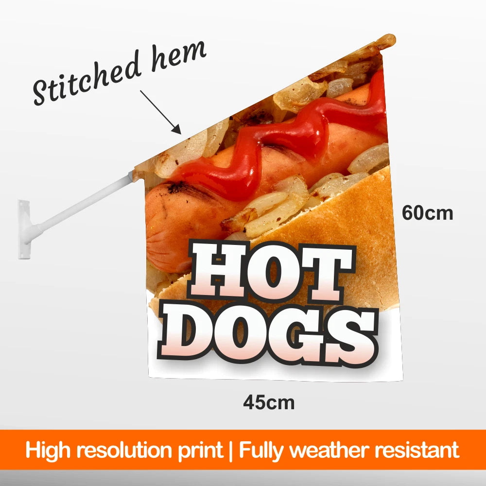 Hot dog flag with 'HOT DOGS' text, ketchup, and mustard on a white background.