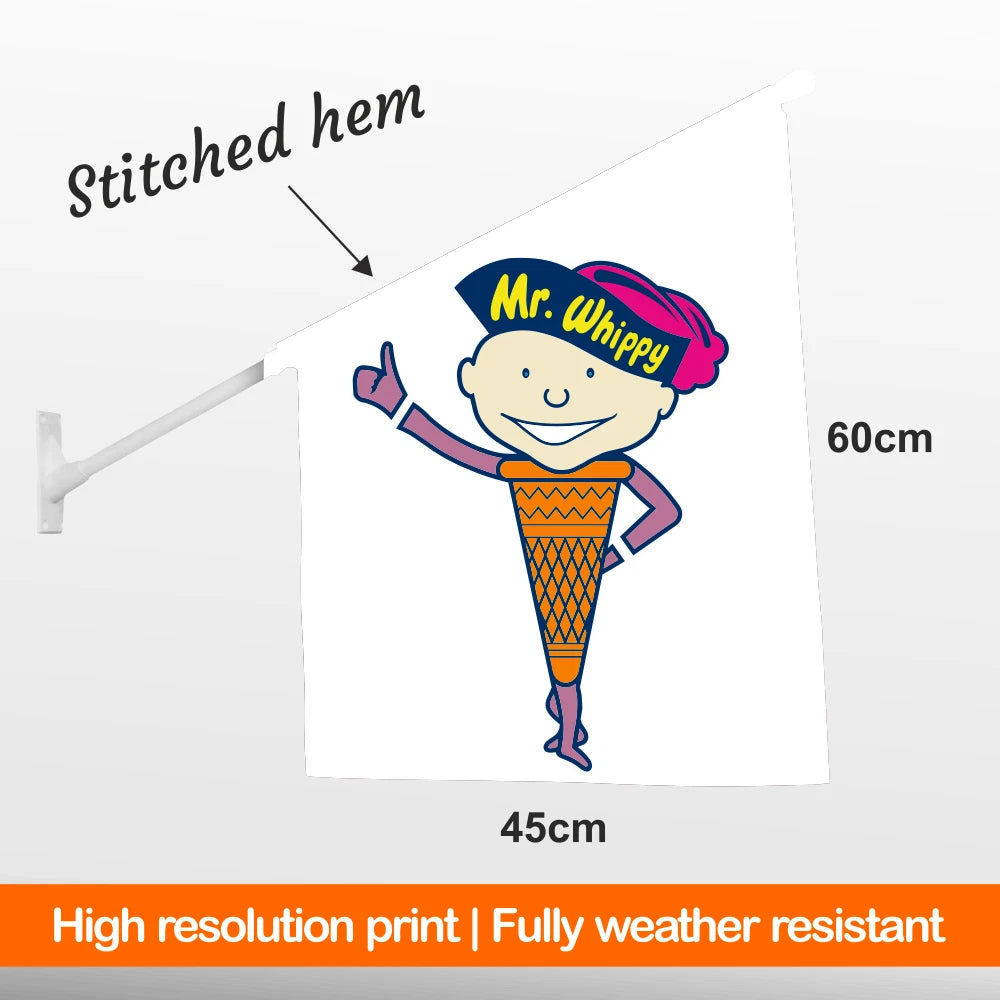 Printed wall flag with a 'Mr. Whippy' hat on a white background, showing dimensions and text about print quality.