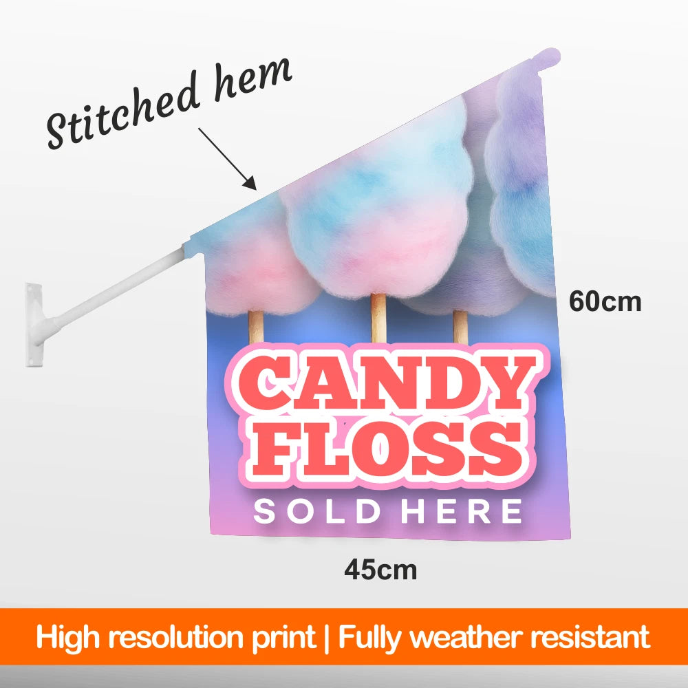 Decorative banner with candy floss design and text 'Candy Floss Sold Here' on a white background.