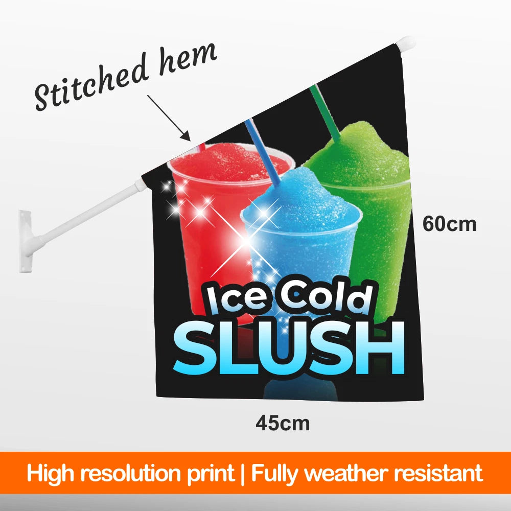 wall flag with 'Ice Cold Slush' design and measurements on a white background