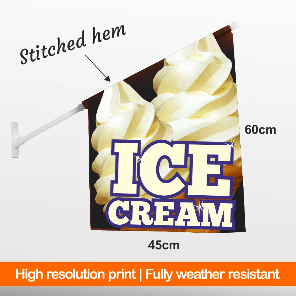shop flag with ice cream design and text, showing dimensions and features.