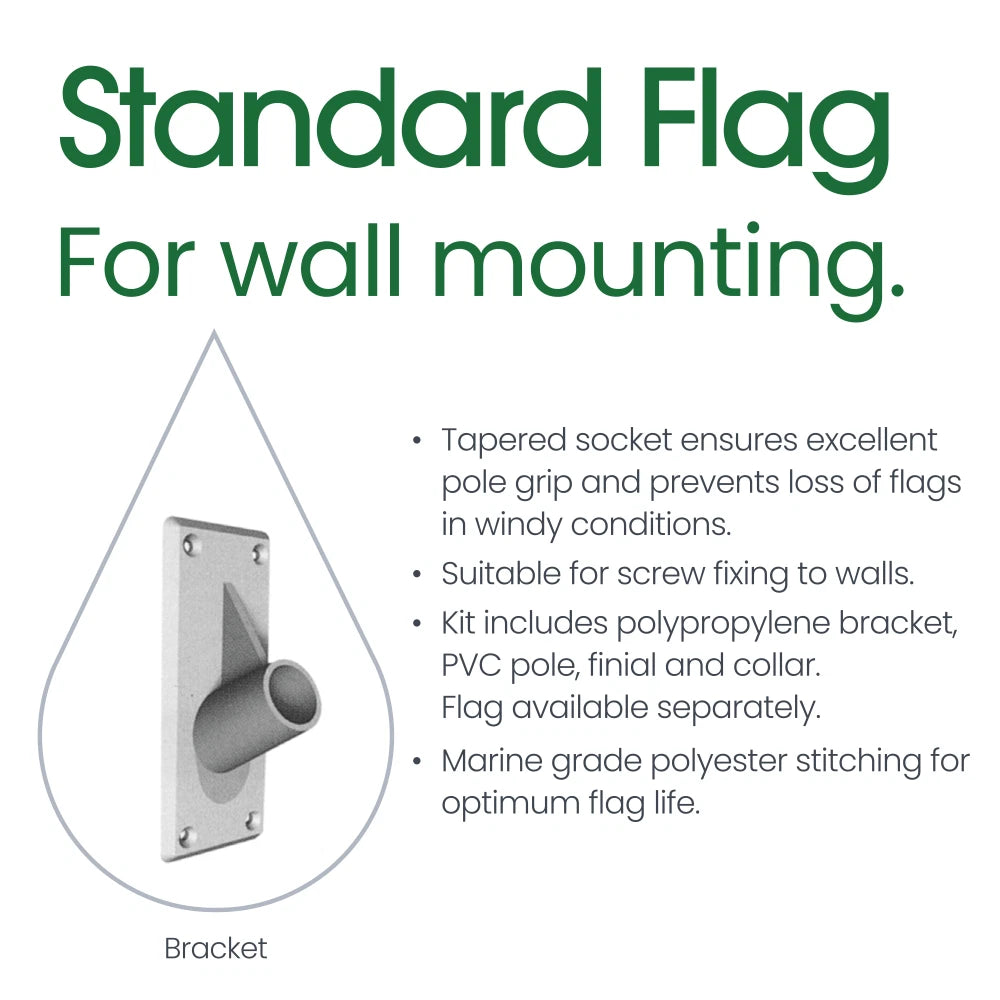 Wall mounting bracket for flags with text detailing features on a white background