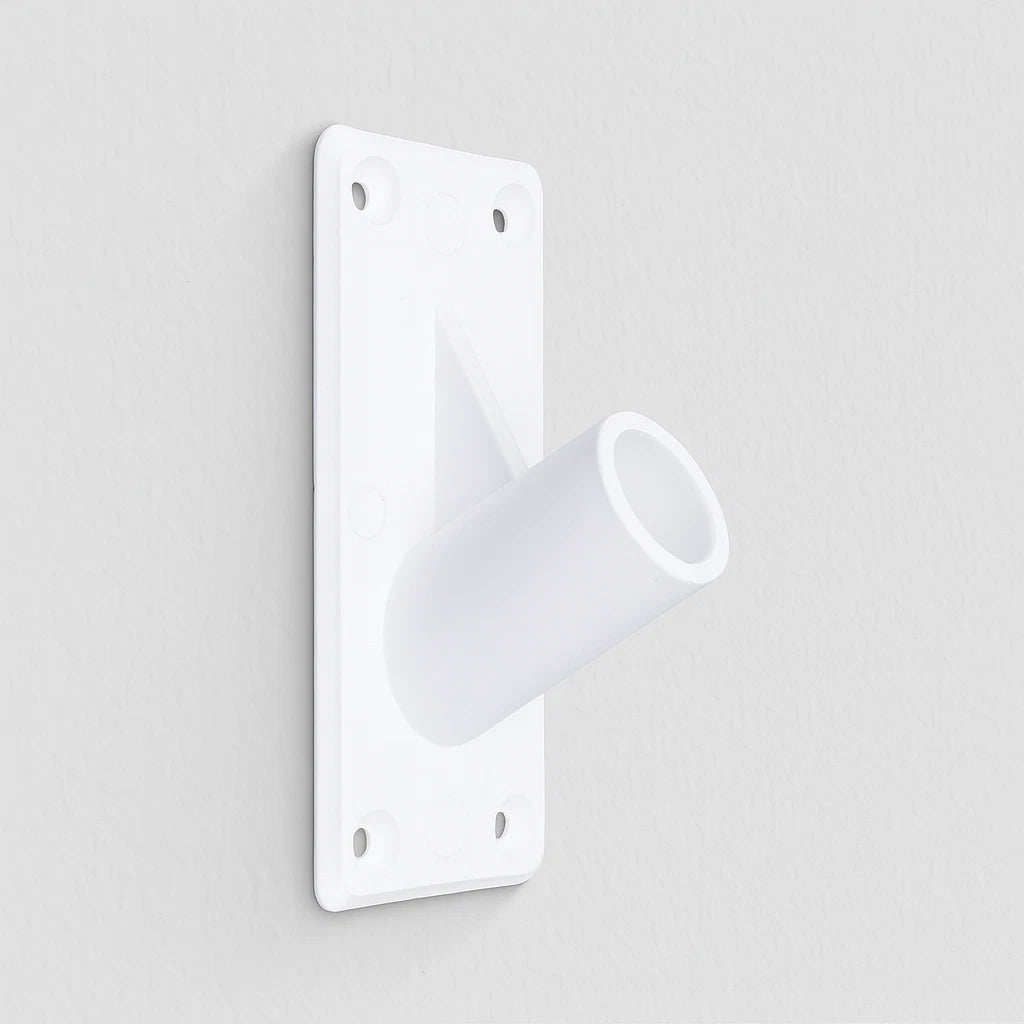 White wall-mounted flag fixture on a gray background