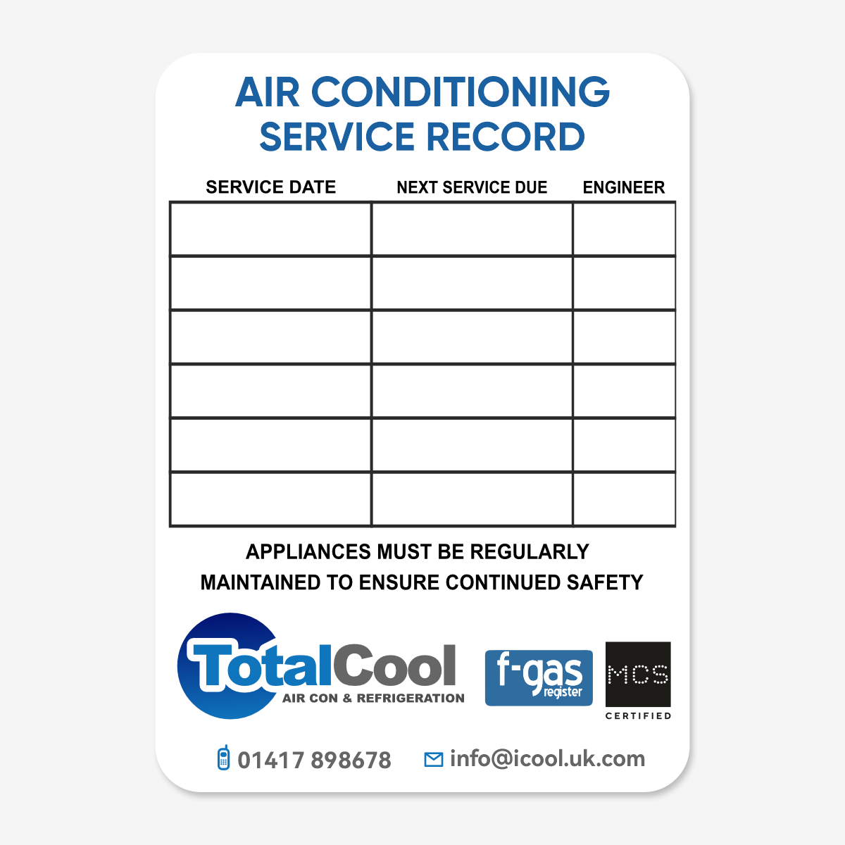 Air Conditioning Service Record Label – Vinyl Sticker for HVAC Maintenance
