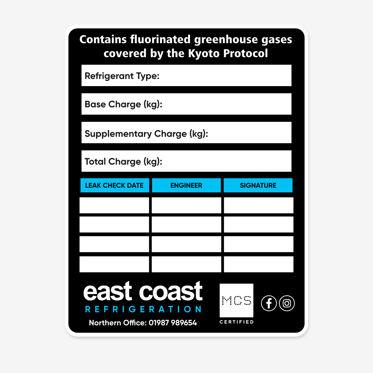F-Gas Annual Leak Check Labels – 135x100mm service record stickers for refrigeration and air conditioning engineers