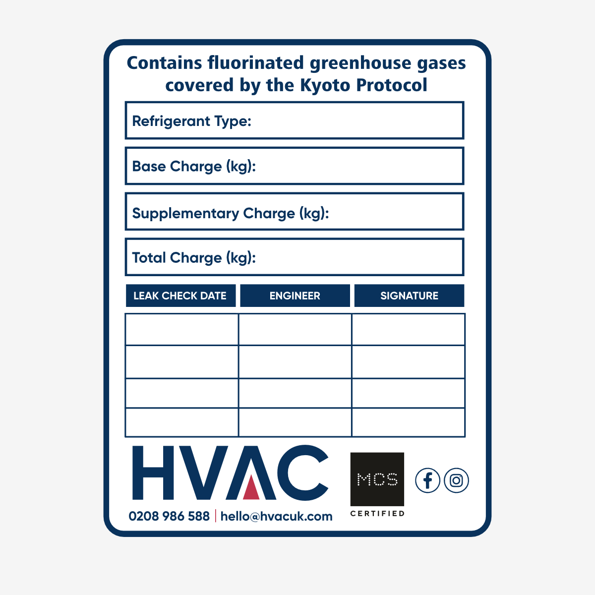 HVAC F-Gas Leak Check Labels 135x100mm – service record stickers for refrigeration and air conditioning compliance