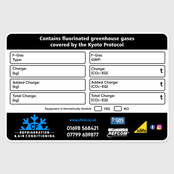 F-Gas Record Labels 110x90mm – detailed service record stickers for refrigeration and air conditioning compliance