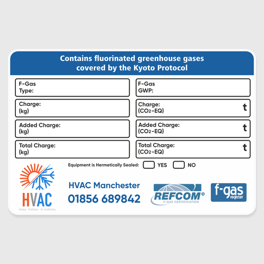 F-Gas label with HVAC Manchester contact information on a white background