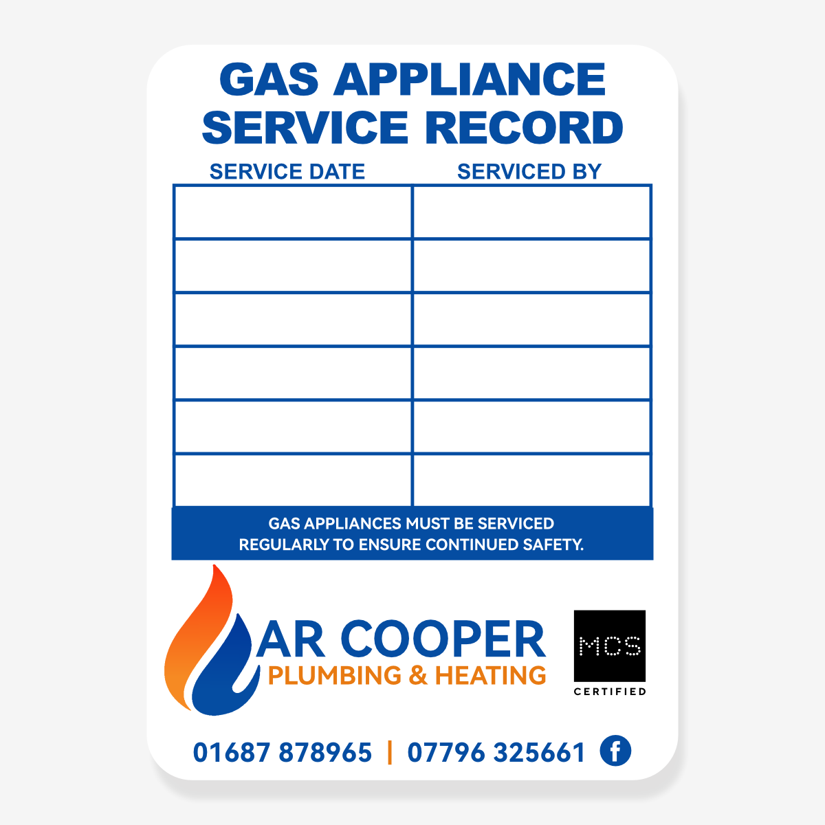 Gas appliance service record card with Ar Cooper Plumbing & Heating branding on a white background
