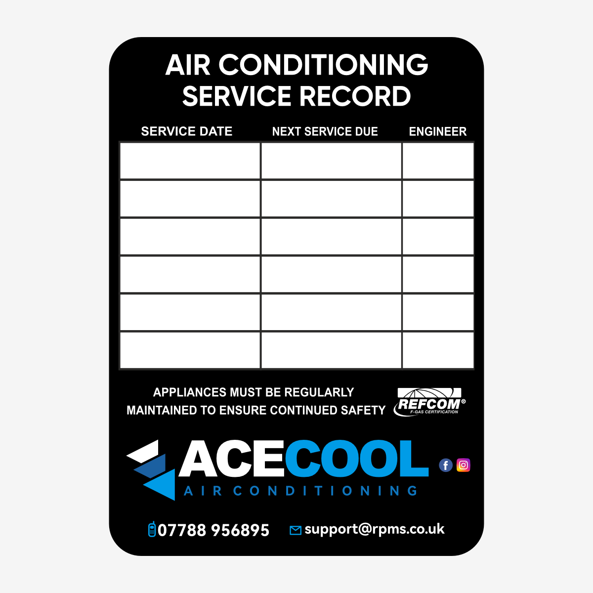 Air conditioning service record label with ACECOOL printed branding