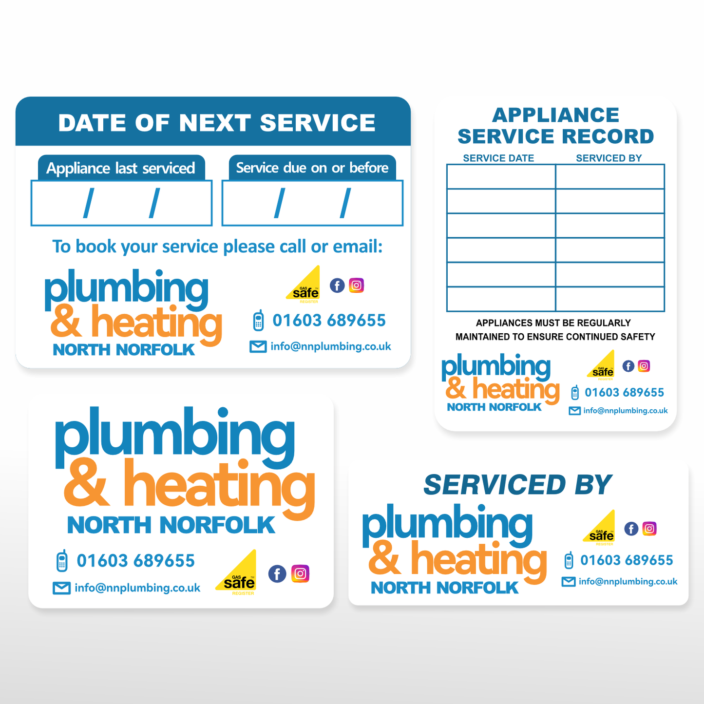 Bundle of assorted plumbing service record and boiler stickers