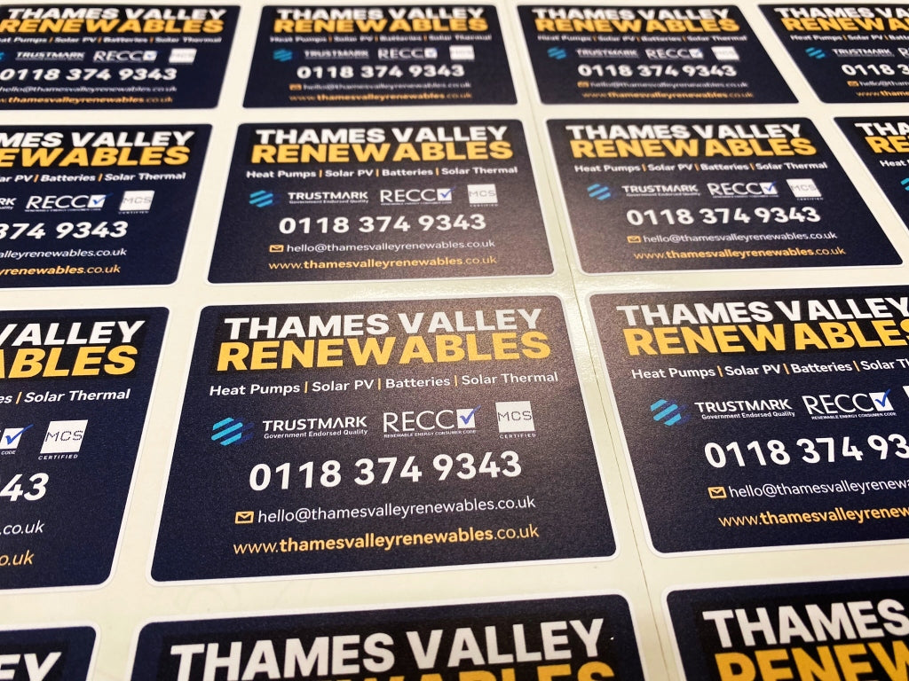 Durable non-rip vinyl business stickers with permanent adhesive