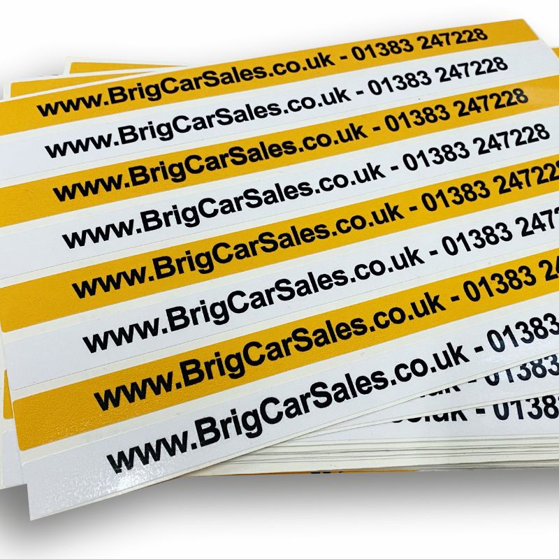 Custom number plate stickers for car dealers – yellow and white pair