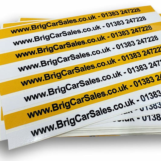 Custom number plate stickers for car dealers – yellow and white pair