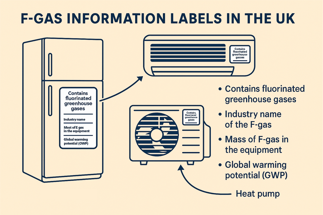 Diagram showing F-Gas information labels on a refrigerator, air conditioning unit and heat pump, highlighting required details such as gas type, mass and global warming potential.