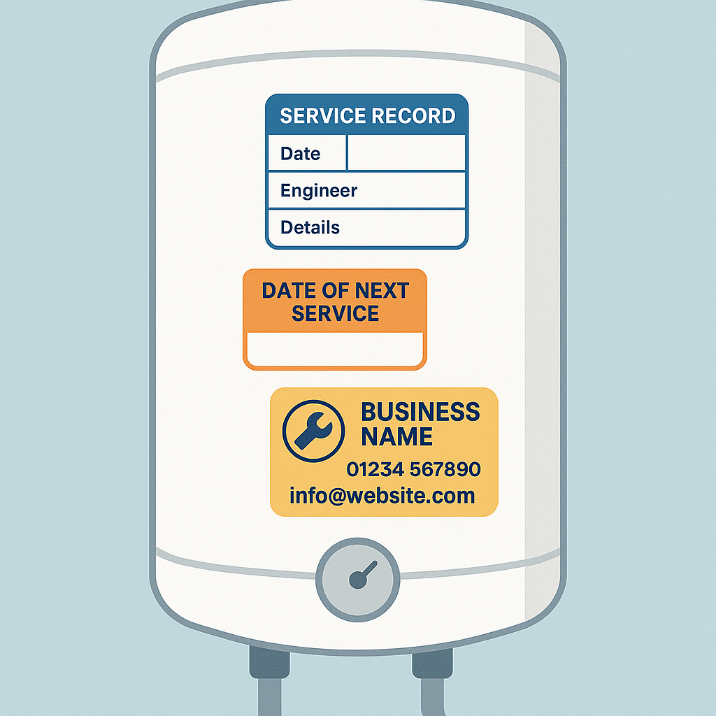 Illustration of a white boiler with three plumber service stickers applied: a blue service record label, an orange next service reminder, and a yellow business details sticker with contact information.