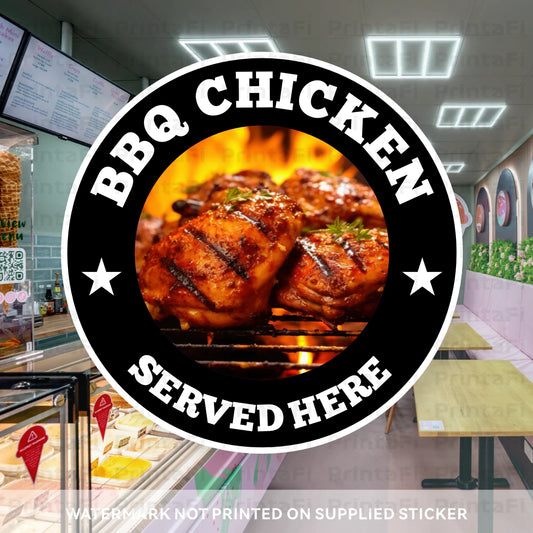 Restaurant interior with a focus on BBQ chicken, featuring a circular sign with 'BBQ Chicken Served Here' text.
