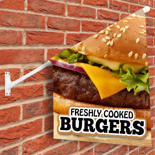 Burger wall flag with 'Freshly Cooked Burgers' text on a brick wall background
