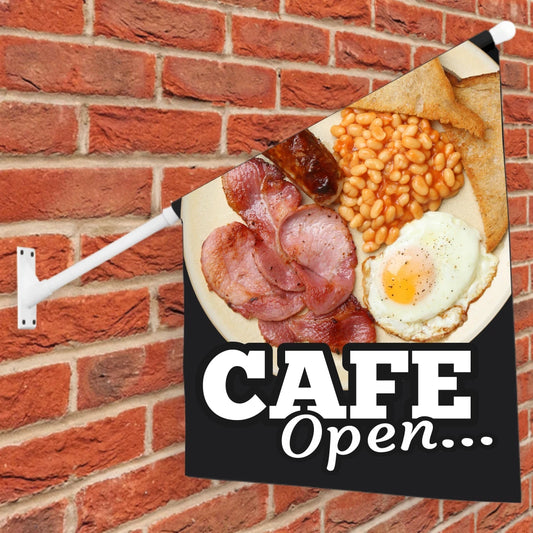 Wall Flag Sign with breakfast items and 'CAFE Open' text on a brick wall