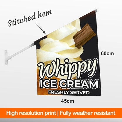 Shop Wall Flag with 'Whippy Ice Cream Freshly Served' design, showing dimensions and weather resistance text.