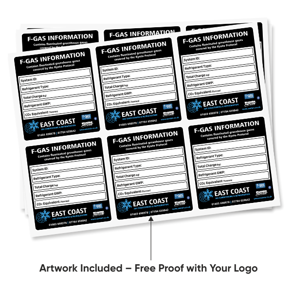 Multiple F-GAS information labels with East Coast branding on a white background