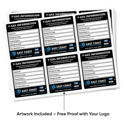 Multiple F-GAS information labels with East Coast branding on a white background