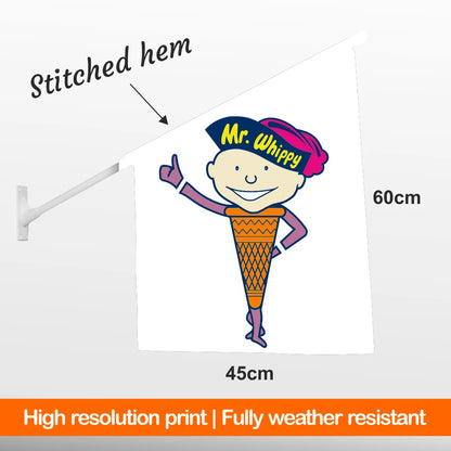 Printed wall flag with a 'Mr. Whippy' hat on a white background, showing dimensions and text about print quality.
