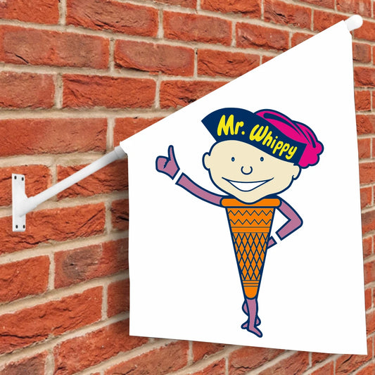 Cartoon character wall flag with 'Mr. Whippy' on a brick wall background