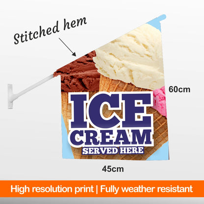Ice cream-themed decorative wall flag sign with text indicating dimensions and material properties.