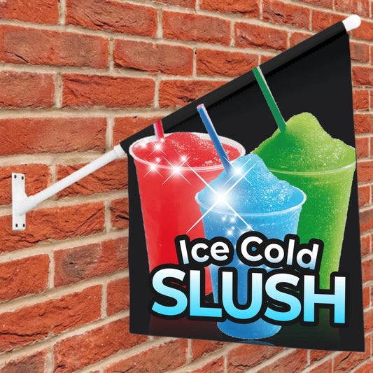 slush wall Flag with red, blue, and green slush drinks against a brick wall background
