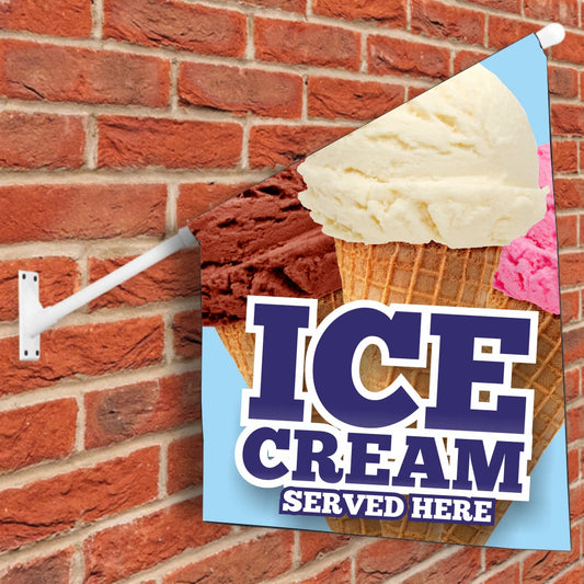 Ice cream cone wall flag sign with 'ICE CREAM SERVED HERE' text on a brick wall.