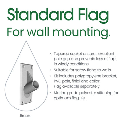 Wall mounting bracket for flags with text detailing features on a white background