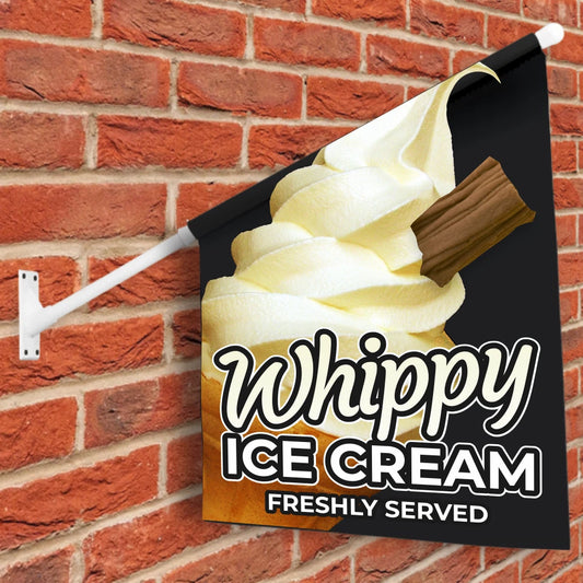 mr whippy wall flag with a design of whipped ice cream and chocolate sauce against a brick wall background