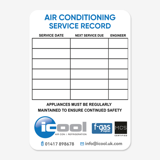 Air Con Service Labels 90x65mm – service reminder stickers for air conditioning maintenance and HVAC engineers