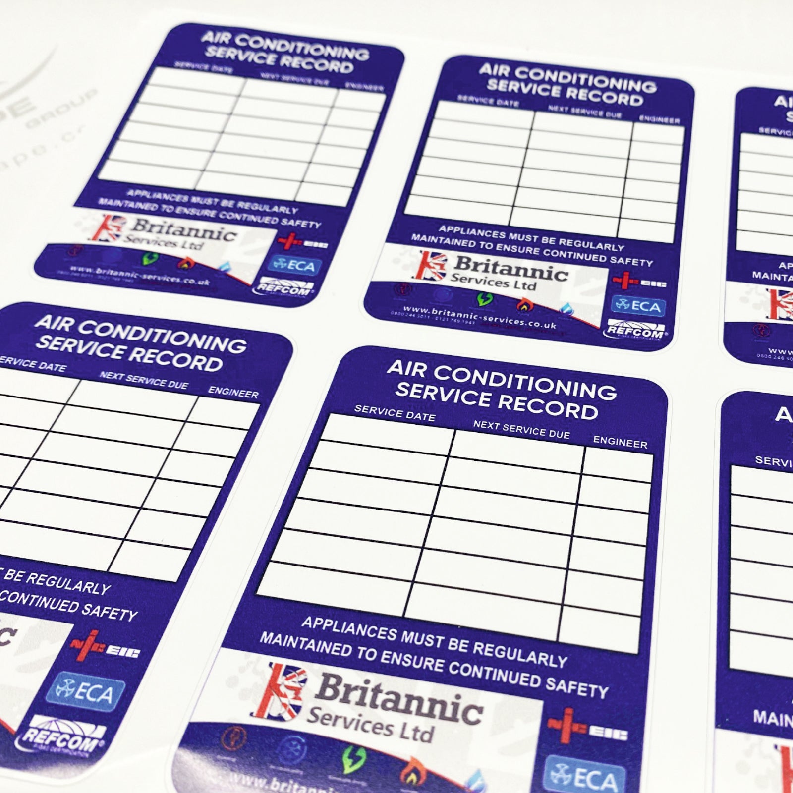 Air conditioning service record label for recording maintenance visits and inspection details on HVAC systems