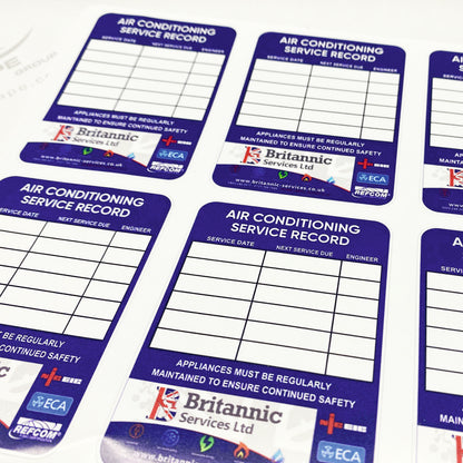 Air conditioning service record label for recording maintenance visits and inspection details on HVAC systems