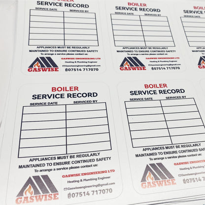 Boiler service record stickers sheet for plumbing and heating engineers showing maintenance history and service information