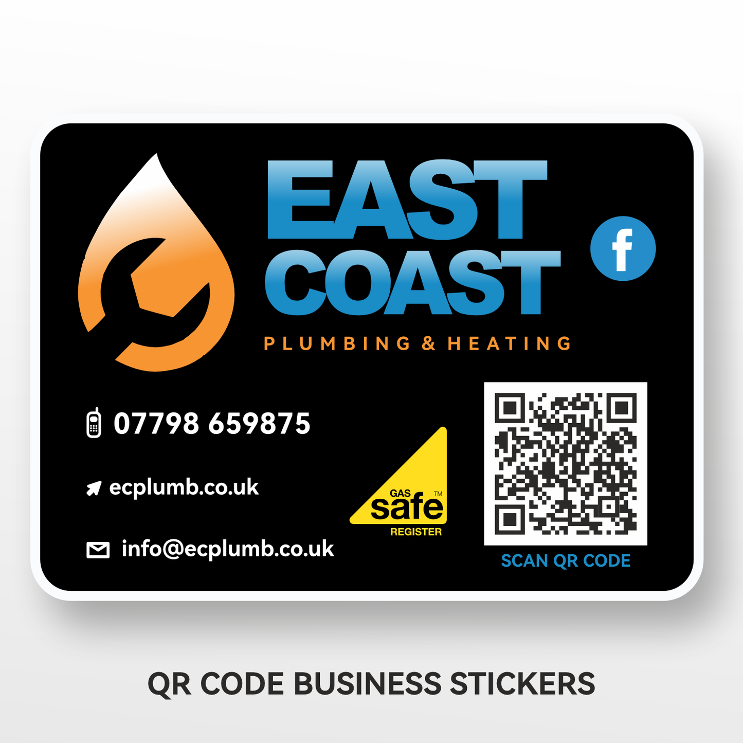 Custom business QR code stickers printed on matt non-rip vinyl, supplied on A4 sheets, ideal for linking customers to websites, social media, or contact details.