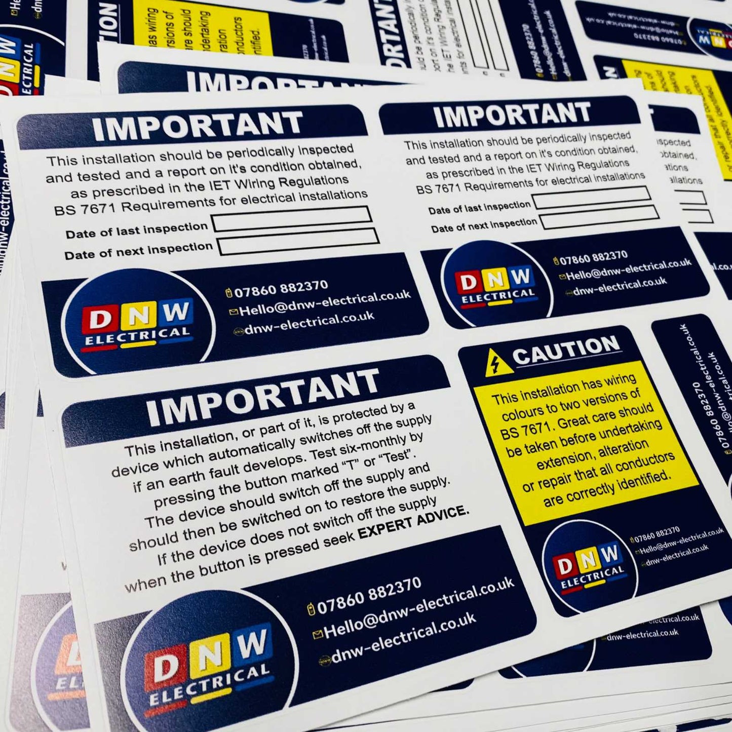 Electrical inspection stickers bundle with RCD, inspection due and business details labels for electricians
