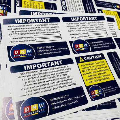 Electrical inspection stickers bundle with RCD, inspection due and business details labels for electricians