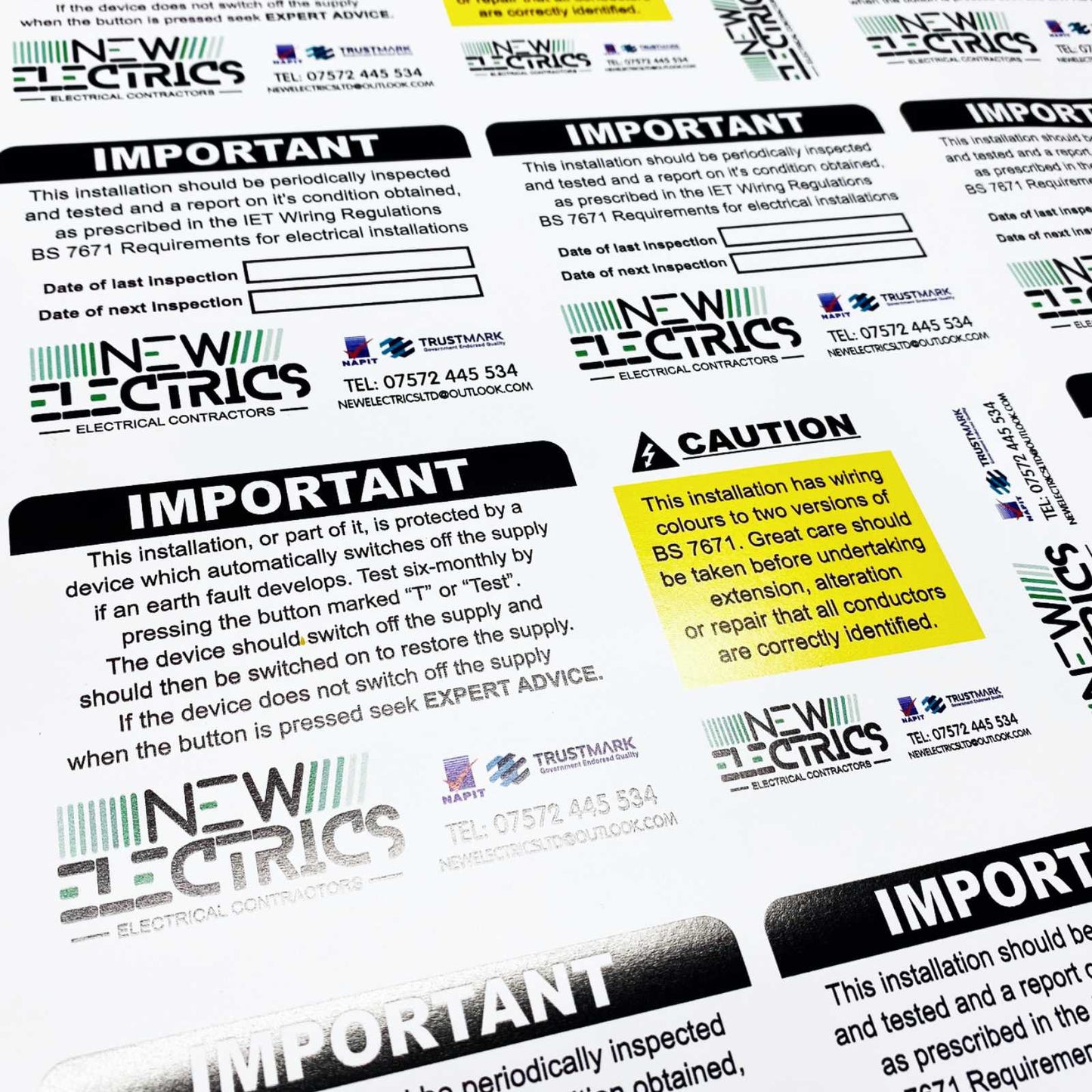 Custom electrician periodic inspection sticker pack including RCD, inspection due and business details labels