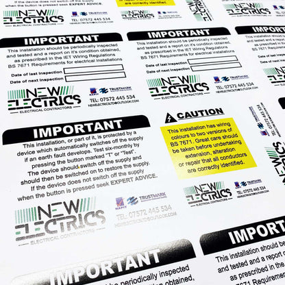 Custom electrician periodic inspection sticker pack including RCD, inspection due and business details labels